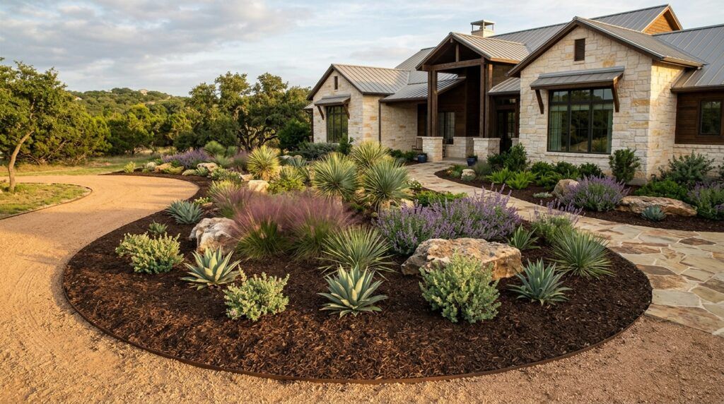 Large mulch landscape bed anchoring front yard landscaping with clean edging and drought-tolerant planting space