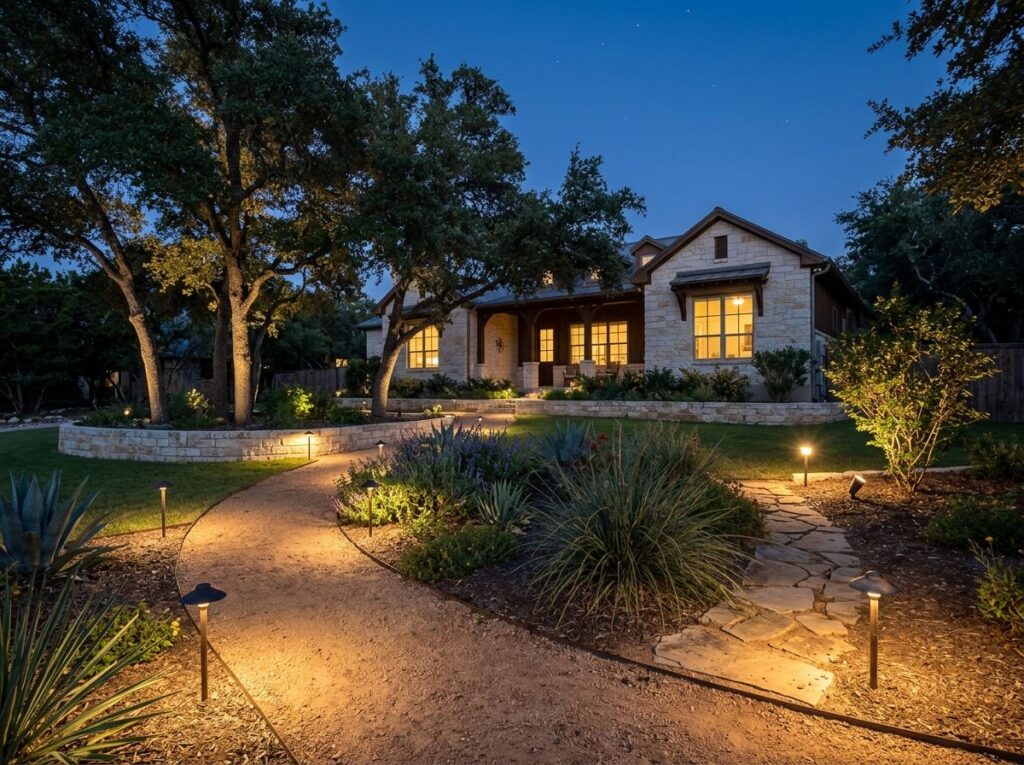 Dusk view of a Texas yard with a walkway and planting beds, warmly lit by low landscape lights along shrubs and edges.