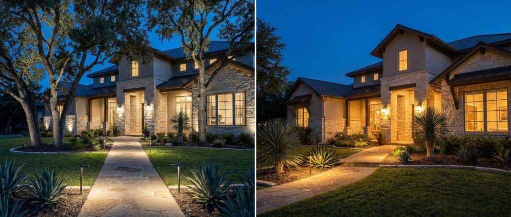 LED vs halogen landscape lighting at dusk for Texas home, energy-efficient outdoor landscaping illumination