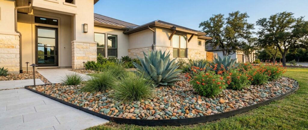 Low-maintenance landscape bed with decorative rock, hardy drought-tolerant plants, crisp edging, San Antonio