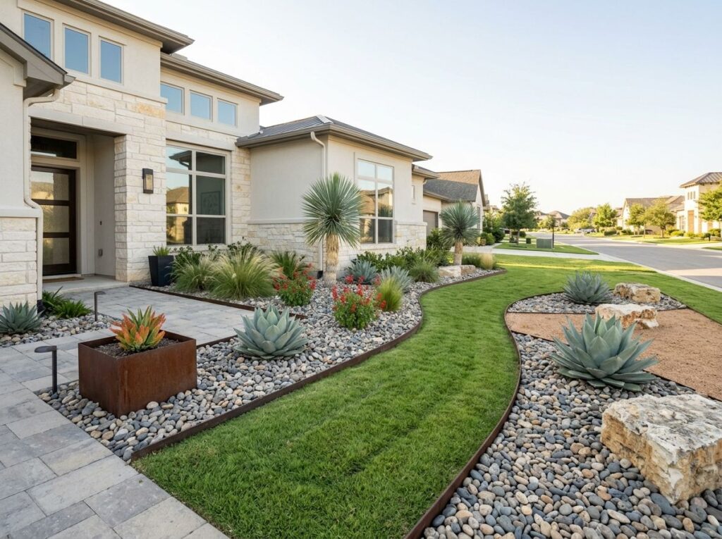 Modern front yard with clean bed lines, gravel mulch, drought-tolerant shrubs, and a stone walkway.
