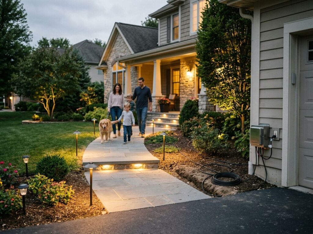 Low-voltage LED path lights illuminate a home walkway and planting beds, casting soft light along the garden edge.