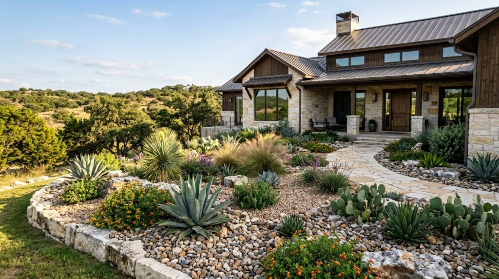 Low-maintenance rock planter bed surrounding luxury home, drought-tolerant xeriscape landscaping with clean edging