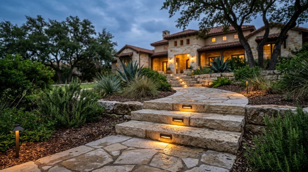 Low-profile step and path landscape lighting fixtures illuminating planter beds and garden beds in xeriscape landscaping