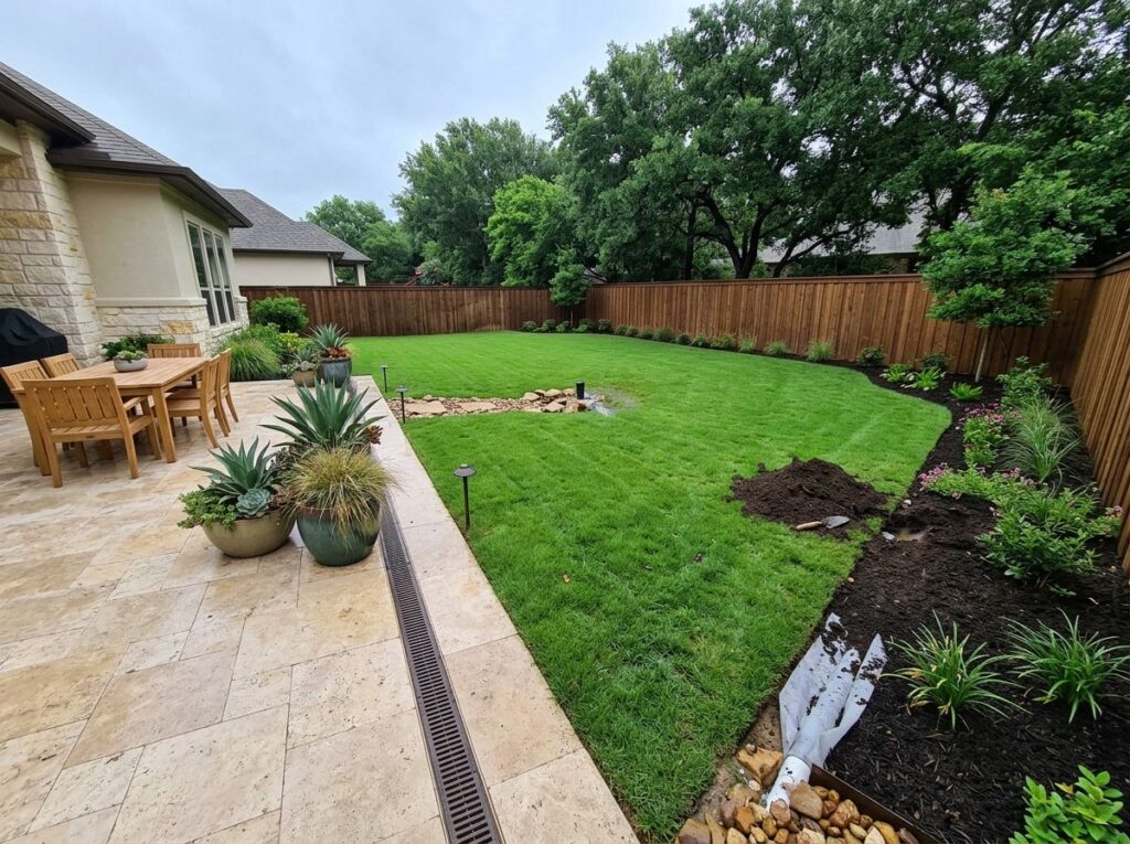 Wet stone patio beside a lush green lawn after rain, with water draining away and no standing puddles.