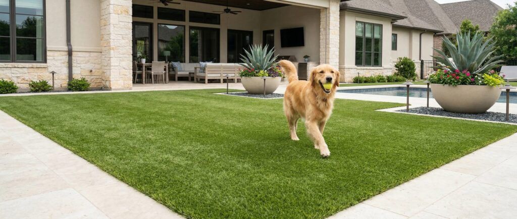 Luxury pet-friendly backyard with artificial turf and happy dog, upscale home landscaping design