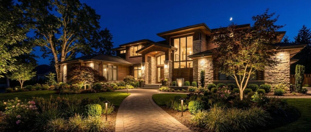 Luxury home landscape lighting at night with illuminated paths, lit trees, and architectural features