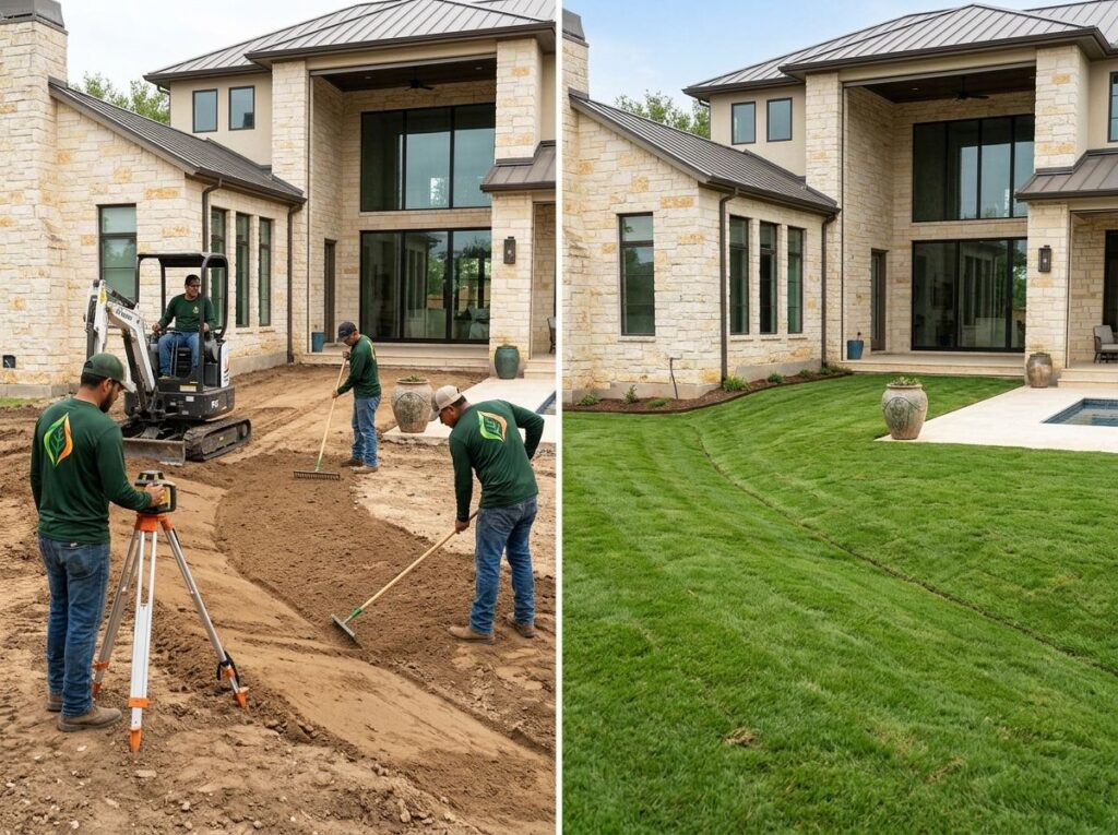 Two-panel collage of a Texas luxury home with driveway, lawn, and fresh planting beds; landscapers at work.