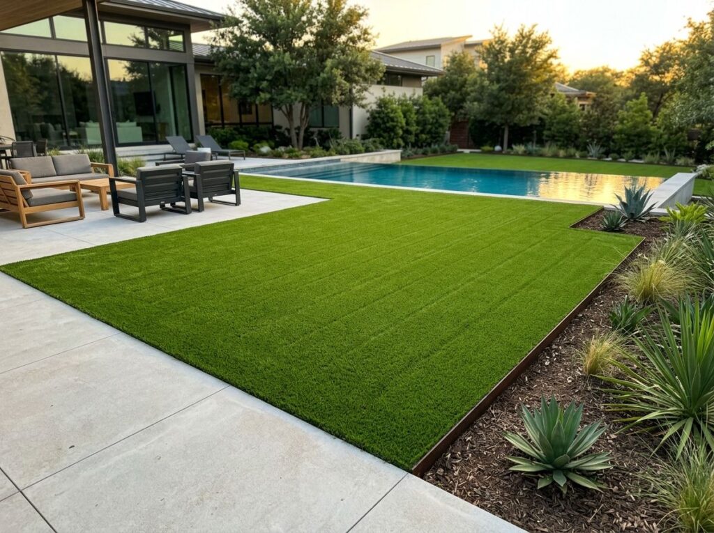 Luxury Texas backyard with artificial turf lawn, crisp edging, and a modern patio bordered by clean landscape beds.