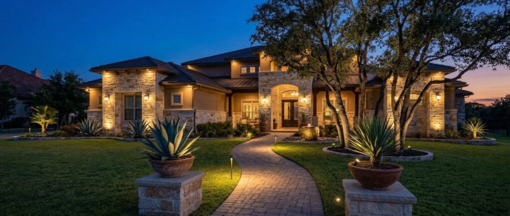 Luxury Texas front yard landscape design at dusk with landscape lighting, illuminated paths, planting beds, architecture