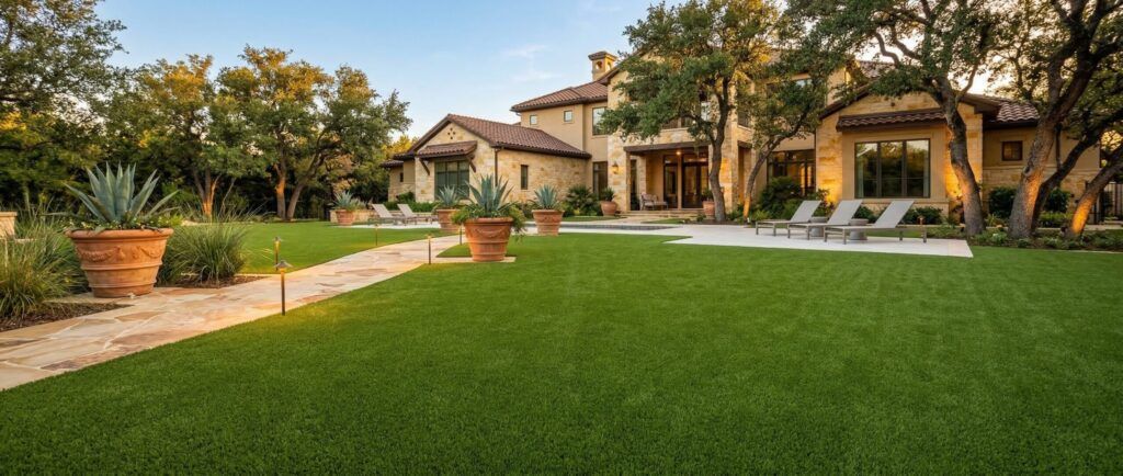 Luxury Texas home with artificial turf lawn, low-maintenance landscape design for drought-tolerant landscaping