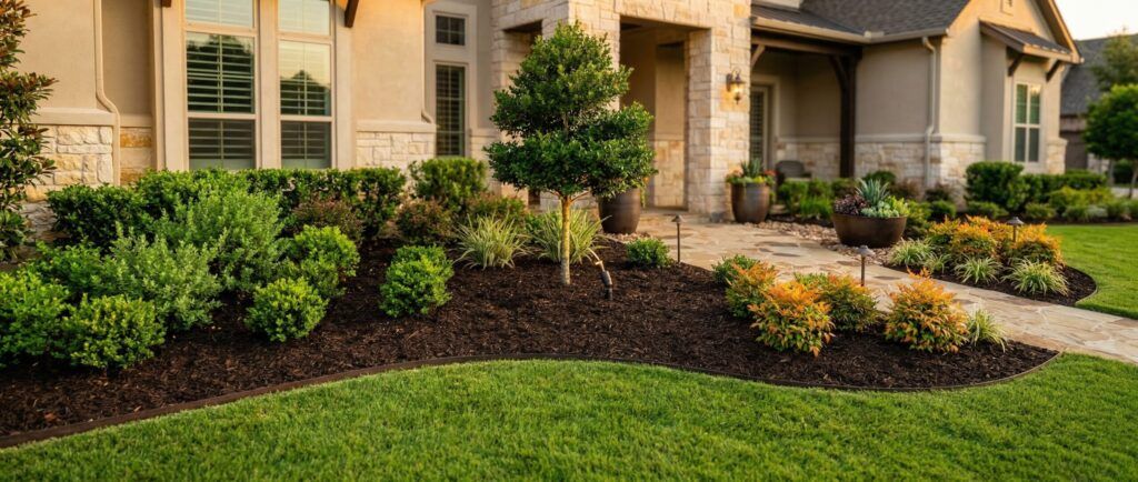 Luxury Texas home landscape design: fresh mulch bed, healthy shrubs, crisp edging in polished front yard