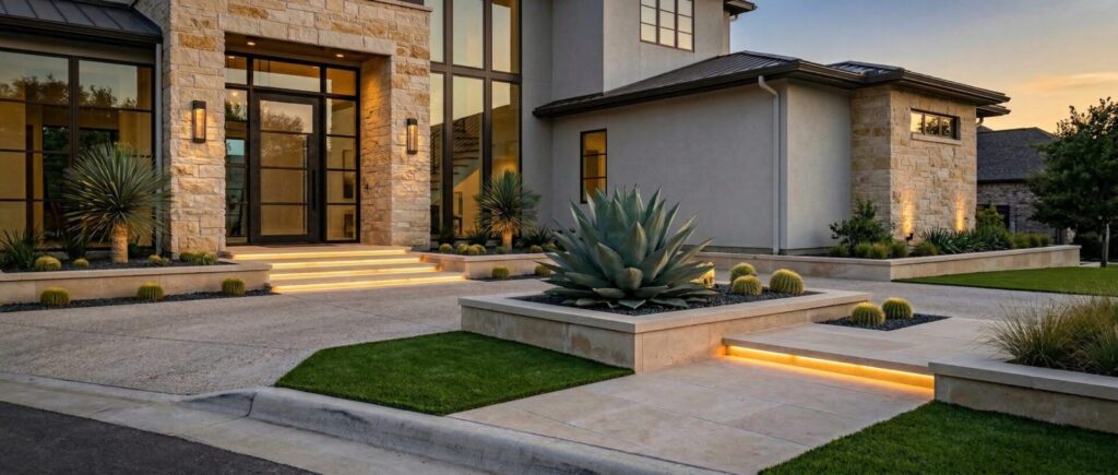 Modern front yard landscape design for a luxury Texas home with clean lines, drought-tolerant plants, curb appeal landscaping