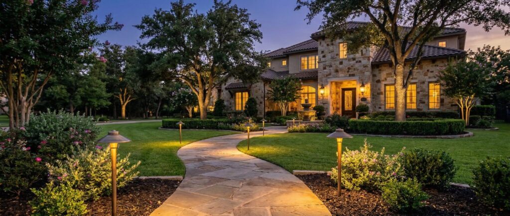 Luxury Texas home landscape design with dusk outdoor lighting system, glowing path lights and polished landscaping
