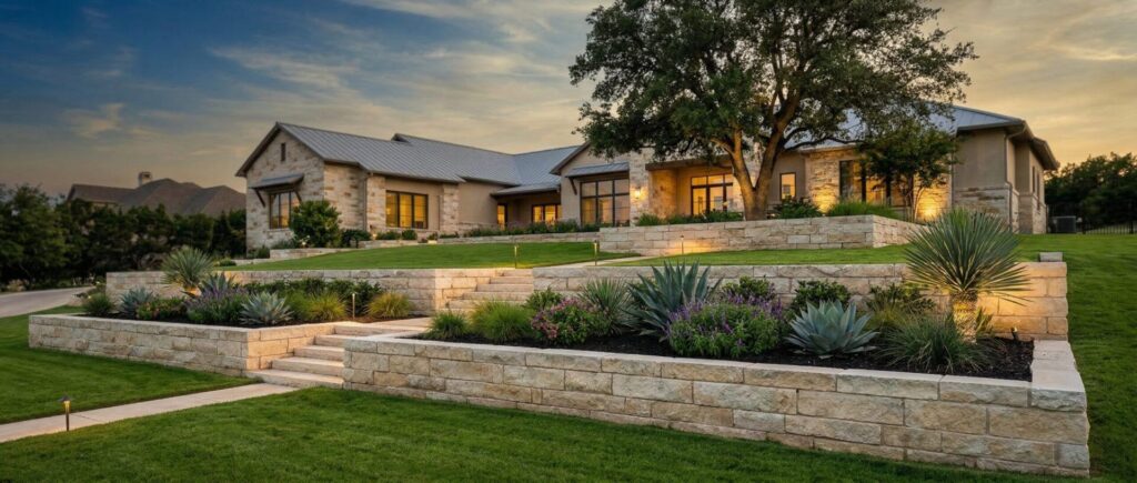 Luxury Texas home with retaining wall landscaping and drought-tolerant landscape design