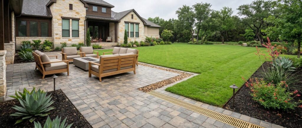 Luxury Texas yard after rain with drainage improvements, dry patio, usable lawn, clean landscape bed edging