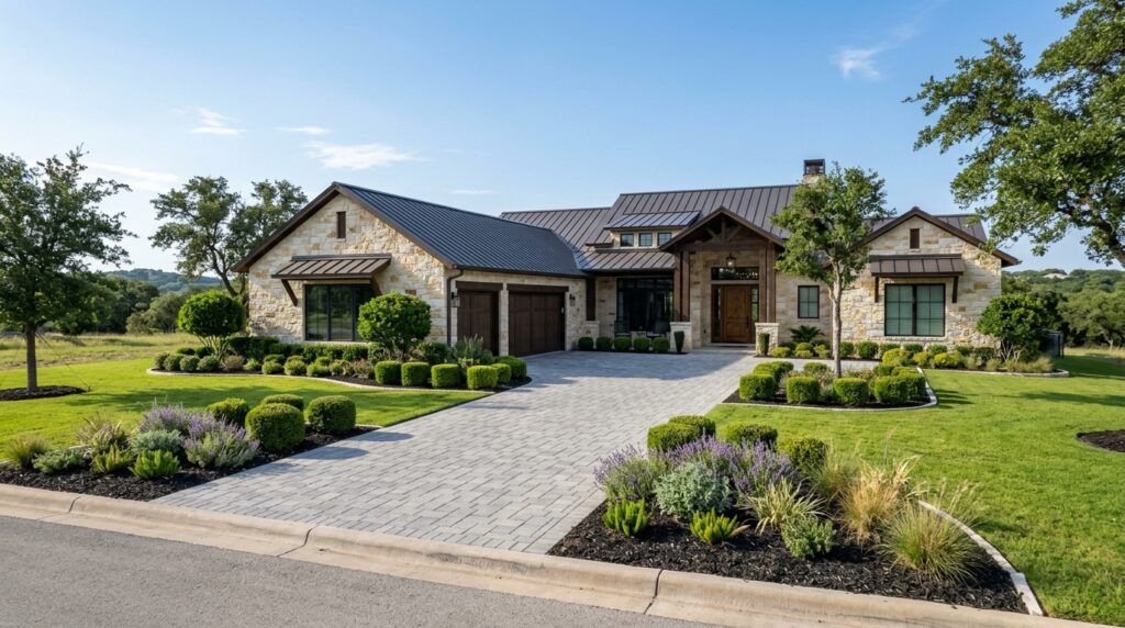 Hill Country home landscape tree trimming, pruning and removal with planter bed plant care
