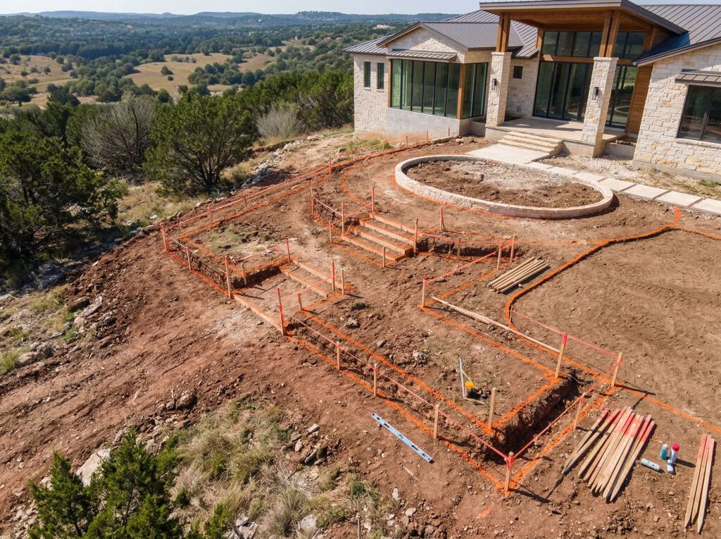 Marked layout for landscape retaining walls with paint and stakes showing alignment, corners, steps, transitions