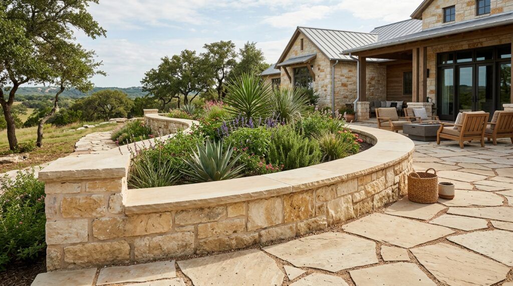 Masonry landscape retaining wall with raised planter beds and seating, using stacked landscape blocks for garden beds