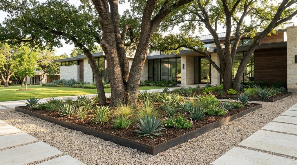 Minimalist steel edging defines planter bed border around mature tree, clean landscape beds, drought-tolerant