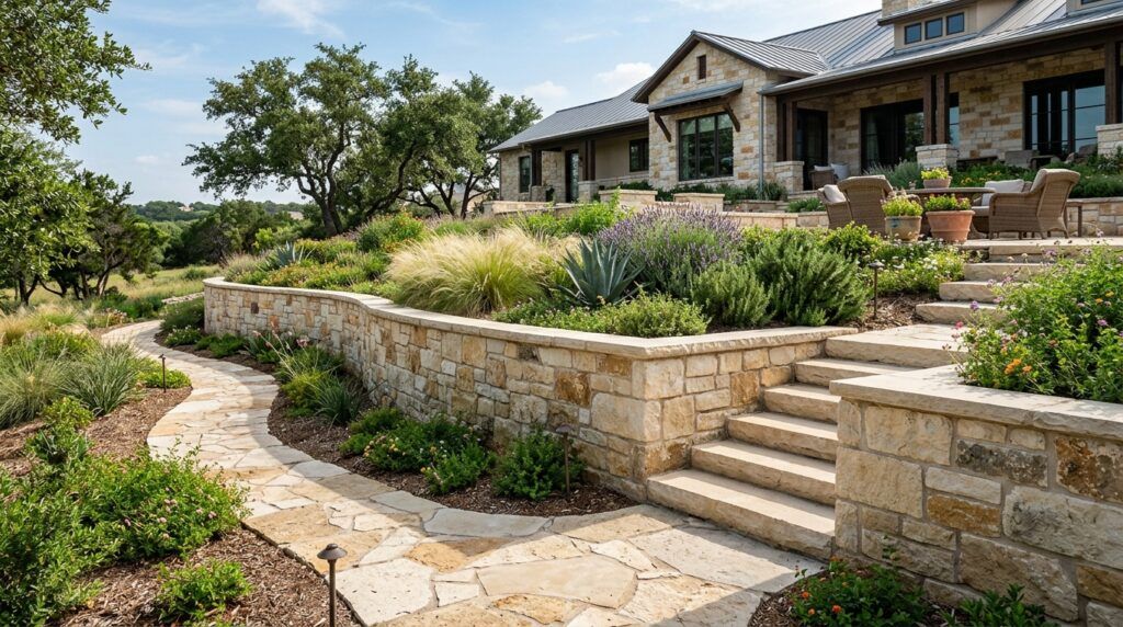 Mortared masonry landscape retaining wall on sloped yard with raised planter beds and drought-tolerant xeriscape
