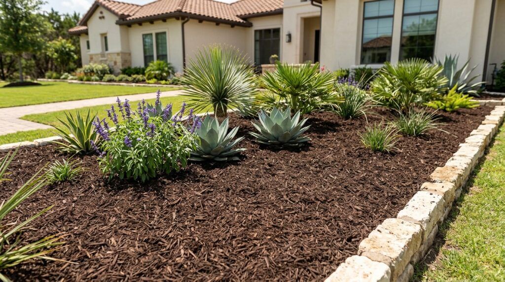 Evenly installed mulch ground cover in luxury landscape beds for weed control and moisture retention