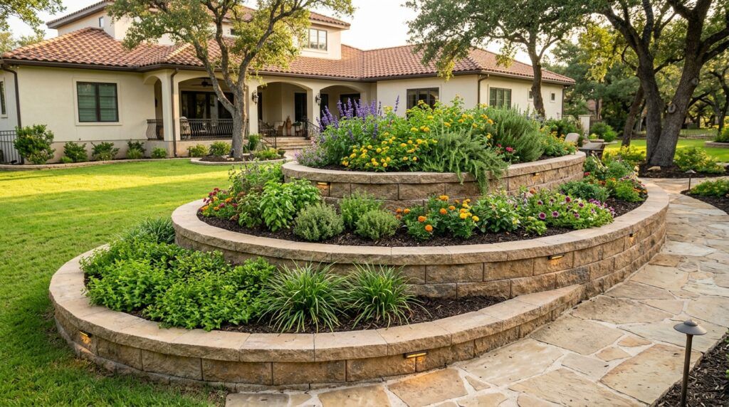 Multitier garden block planter bed with drought-tolerant xeriscape landscape beds and clean edging