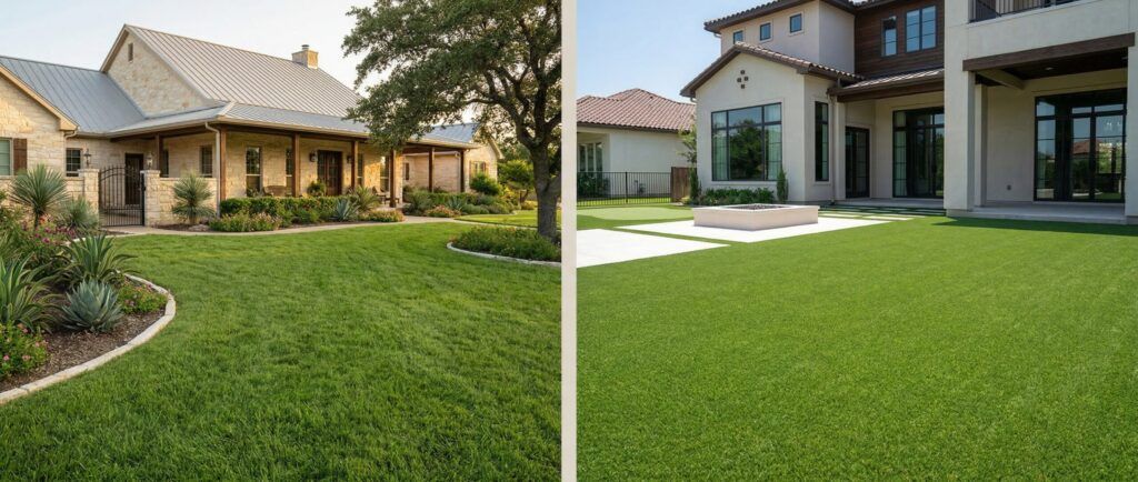Natural sod vs artificial turf lawn comparison for landscaping, showing green grass options for home yards