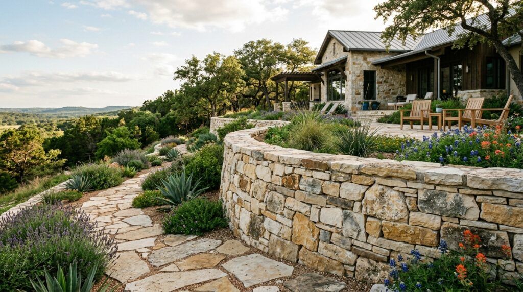 Natural drystack stone landscape retaining wall with luxury masonry blocks for raised planter beds and garden beds