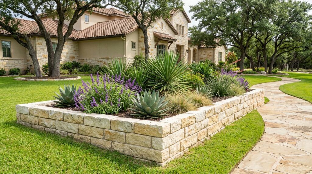 Natural stone paver edging creating structured planter beds and clean landscape bed borders in a drought-tolerant design
