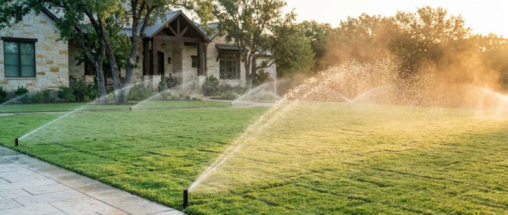 New sod installation watered by sprinklers at luxury Texas home, lush green lawn at sunrise