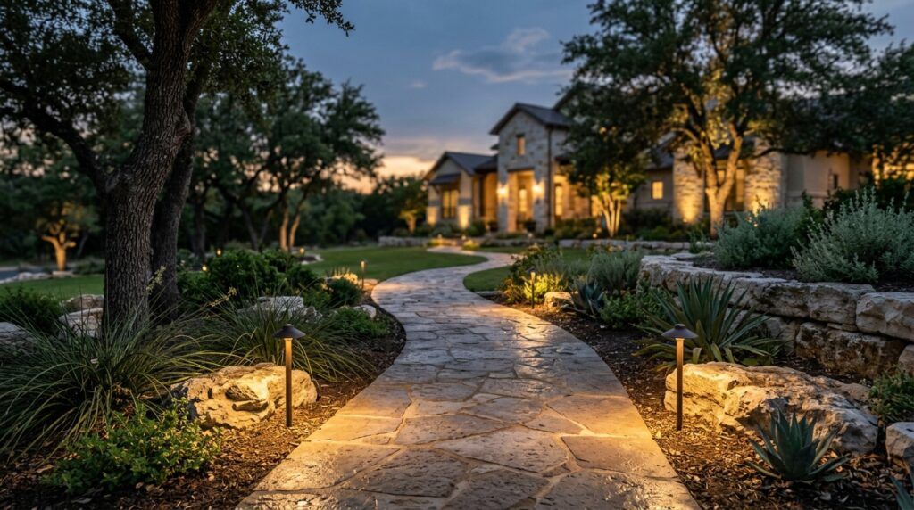 Pathway landscape lighting fixtures along landscaped garden beds at luxury home entrance