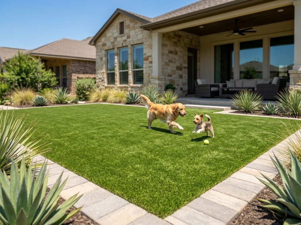 Two dogs play on clean artificial turf in an upscale suburban backyard with stone edging and shrubs.