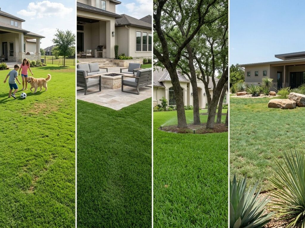 Four-panel collage of luxury San Antonio yards with different sod lawns, stone edging, shrubs, and patios.