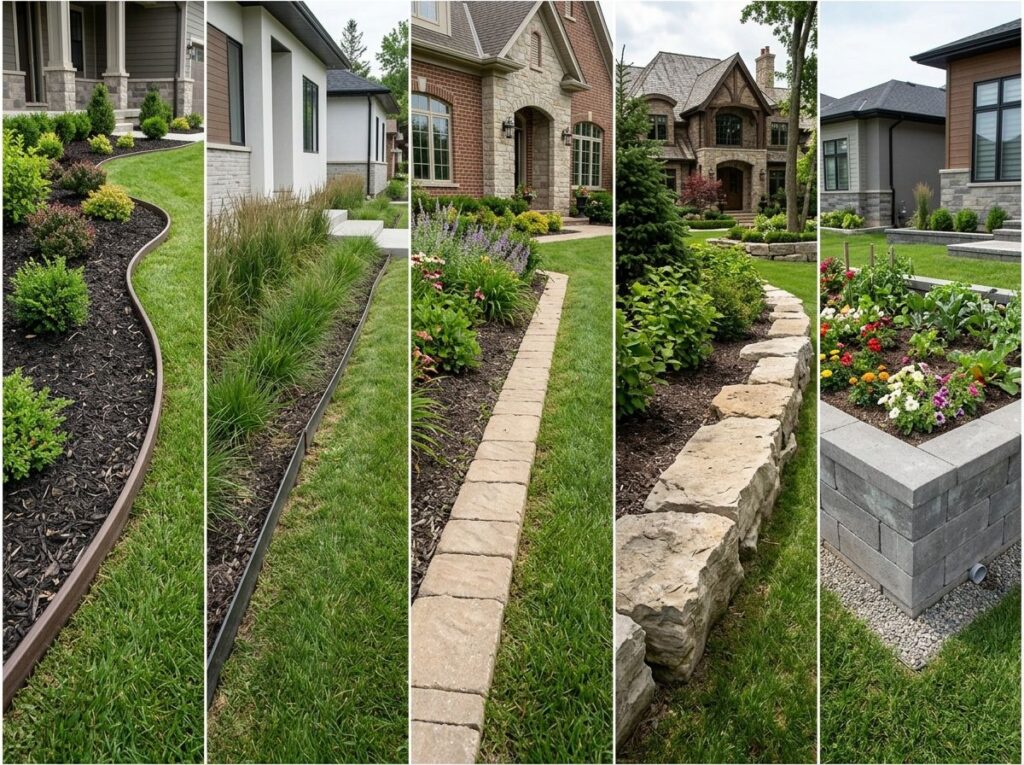 Five-panel collage of front yard bed edging with mulch, shrubs, flowering plants, stone borders, and manicured lawn.