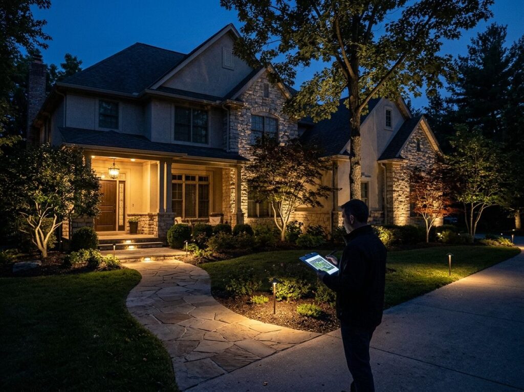 Nighttime view of a home with pathway and garden beds lit by low-voltage landscape lights and tree uplighting.