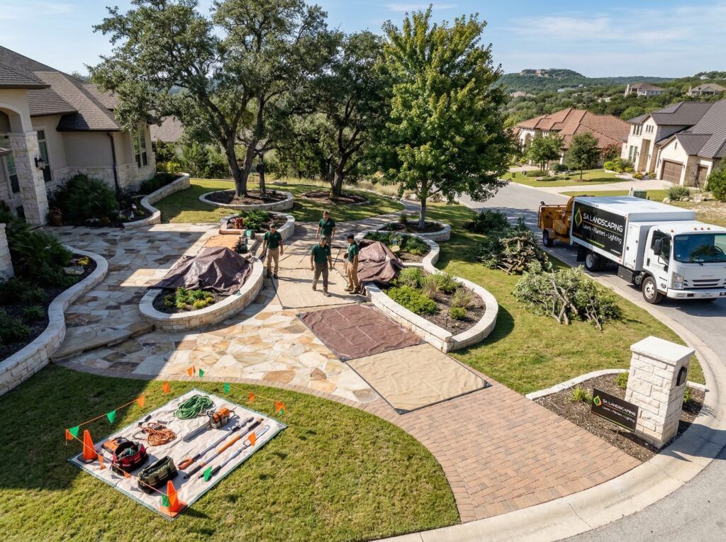 Planter beds protected during landscape tree pruning and trimming, with clean surfaces and organized debris staging