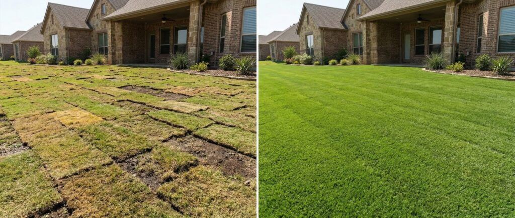 Poor vs proper sod installation comparison showing healthy lawn results in a Texas home yard landscaping guide