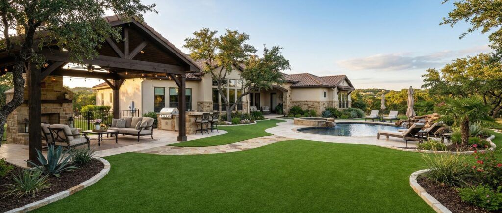 Premium artificial turf backyard with luxury outdoor living area, landscape design in San Antonio, Helotes