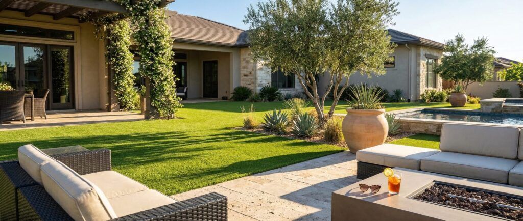 Premium artificial turf backyard with upscale patio, drought-tolerant landscape design in Texas sun