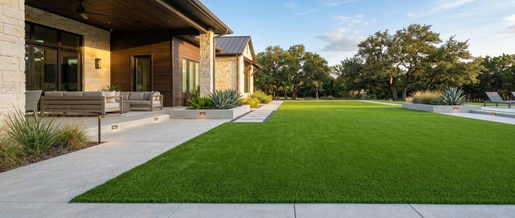 Premium artificial turf installation with clean green lawn, crisp edges, modern patio luxury backyard landscaping