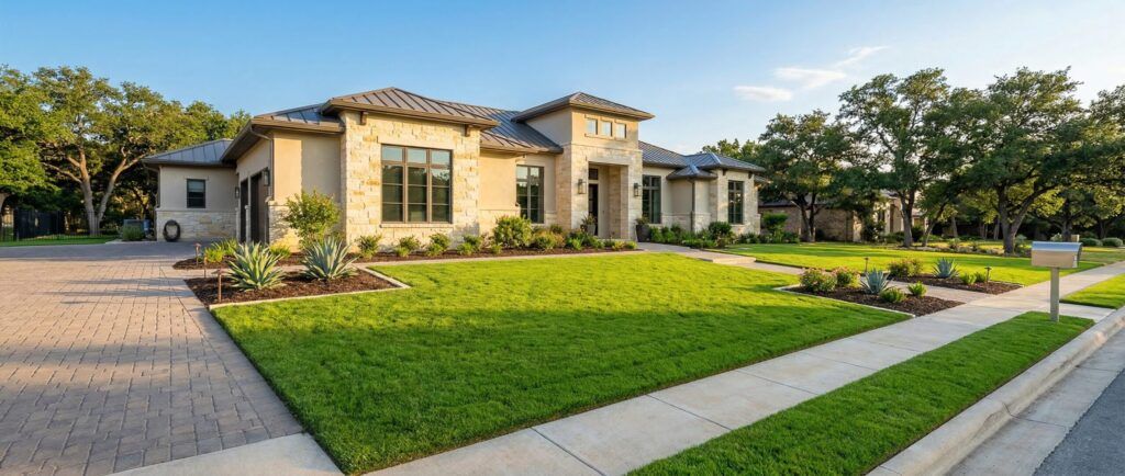 Premium sod lawn installation at luxury home, fresh turf laid for lush, even lawn landscaping upgrade