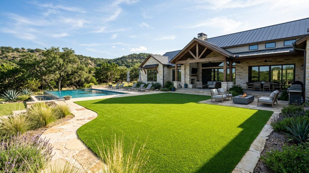 Premium artificial turf installation in open backyard, low-maintenance turfgrass with clean edges and natural look