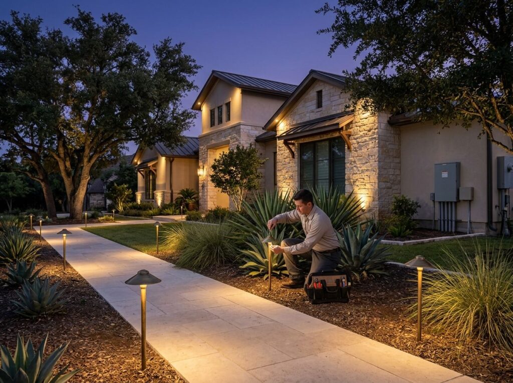 Path lights line a stone walkway through manicured shrubs and trees beside a luxury home at dusk.