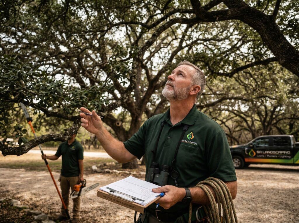 Landscaper evaluating tree maintenance cuts for landscape pruning and trimming in residential yard