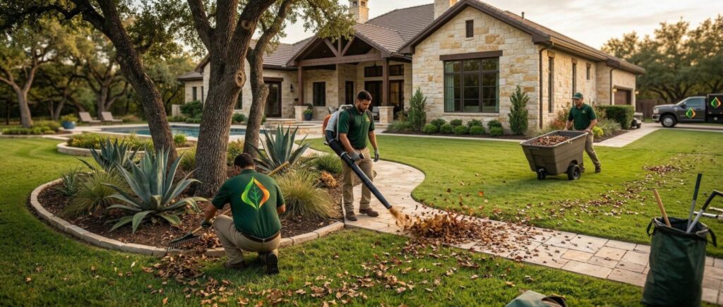 Professional landscaping crew doing yard cleanup at luxury Texas home, leaf and debris removal service