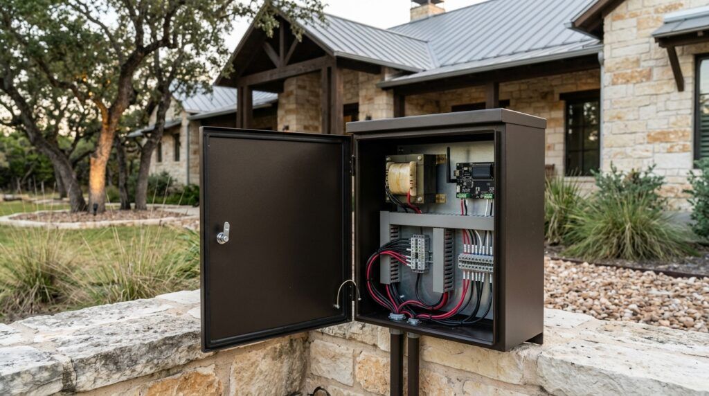Professional landscape lighting transformer and fixtures for outdoor landscaping supplies installation