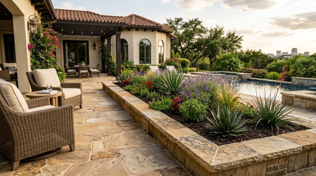 Raised paver-bordered planter bed with clean landscape beds and drought-tolerant plantings by luxury home