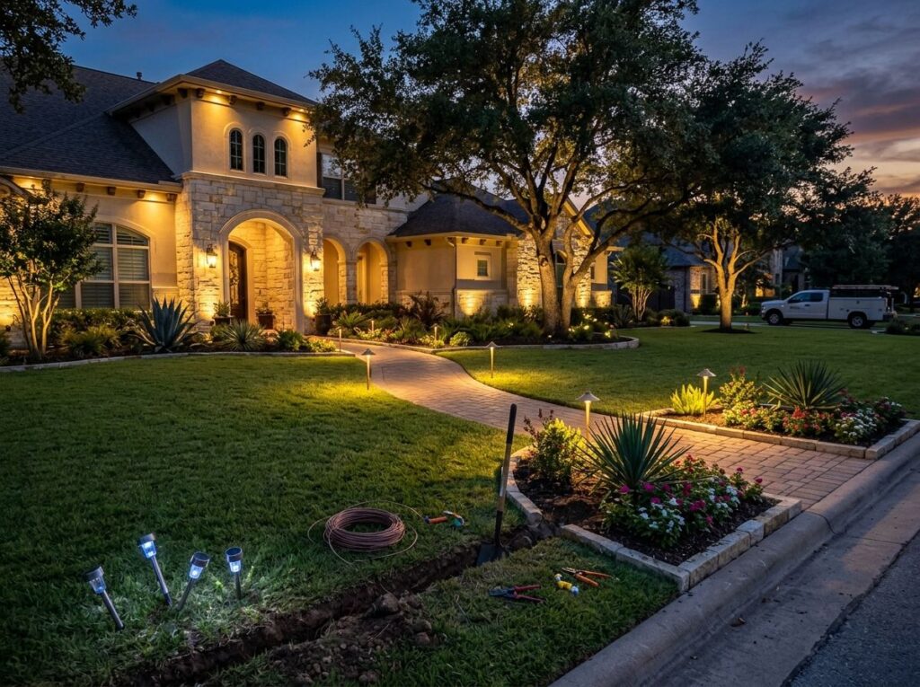 Dusk front yard with low-voltage LED landscape lighting highlighting trees, shrubs, and a walkway near the home.