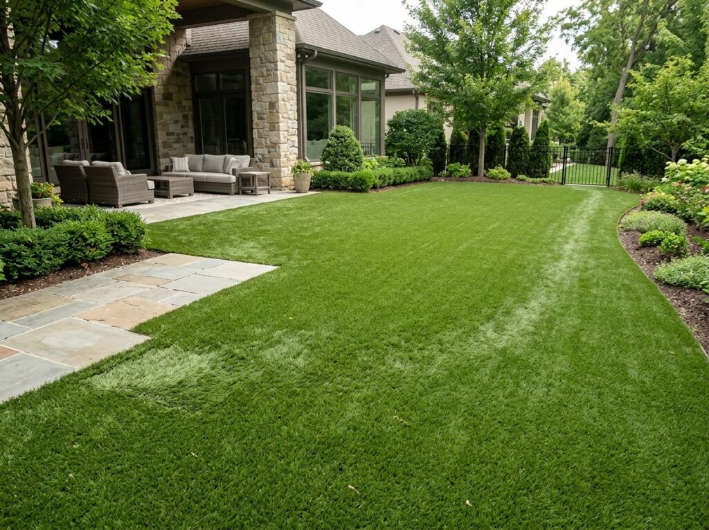 Clean, mature artificial turf lawn beside a high-end home, with crisp edges and neat landscaping for a tidy, functional yard.